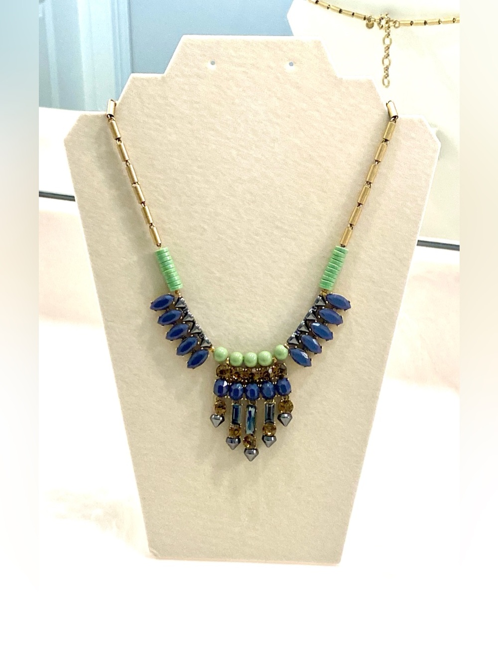 J.Crew Mixed Media Mint Blue Topaz Tribal Fringe Statement Bib Necklace